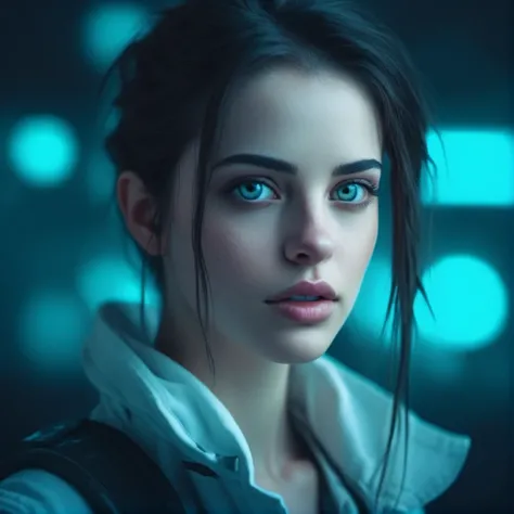 bright white and neon cyan colors, beautiful girl looking like the mix of Eva Green and Denise Richards and Mila Kunis reactor , full body portrait , depth of field, bokeh , side view , (realistic, cinematic, photorealistic, still, hollywood effects, details, intricate:1.5), amazing, hyper beautiful, soft light, bokeh, dof, depth of field, low dof, soft focus, cinematic, detailed skin, sub surface scattering, cute, global illumination , anime drawing in Anime style in style of Warhammer art by Maciej Kuciara