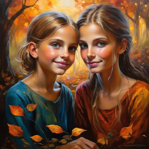 abstract expressionist painting Mother and daughter seated amidst an autumn garden, pre-meal smiles exchanged, captured in the soft, golden hour sunlight, artwork fusion of Esao Andrews, Josephine Wall, Charlie Bowater, Mandy Disher, and Jean Baptiste Monge, composition featuring magical ambience, close-up perspective, structured but with a faded touch, surreal surroundings akin to a video game symbol, palette of brilliant colors, faces aglow with hyperrealistic text <lora:black_diamond:1> . energetic brushwork, bold colors, abstract forms, expressive, emotional