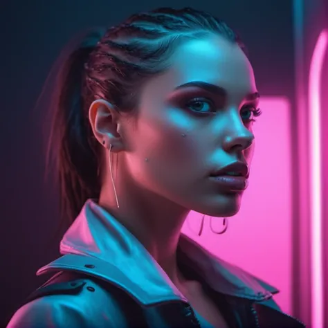 glassy cyan and light pink colors, by Norman Foster, (minimalistic, dark palette, highly professional, dramatic lighting, extremely beautiful:1.4), (intricate details, masterpiece, best quality:1.4), Retro cyberpunk, 80's inspired, synthwave, neon, vibrant, girl looking like mix of Adriana Lima and Zendaya and Jessica Alba, detailed, retro futurism, looking at viewer, dynamic pose in the style of Nicola Samori , detailed shot , with neon backlight , side view , (realistic, cinematic, photorealistic, still, hollywood effects, details, intricate:1.5), amazing, hyper beautiful, soft light, bokeh, dof, depth of field, low dof, soft focus, cinematic, detailed skin, sub surface scattering, cute, global illumination , comic book illustration in vintage poster style in style of Warhammer art by Jorge Jacinto