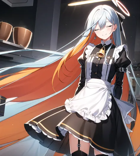 (masterpiece), best quality, ultra-detailed, illustration, warm lighting, bright colors, 1girl, solo, very long hair, white hair, orange hair, orange inner hair, red eyes, colored inner hair, two-tone hair, ahoge, absurdly long hair, orange colored inner hair, multicolored hair, halo,
flowing hair, wind, one eye closed, dress, floating,
apron, bell, black dress, black gloves, bow, dress, frilled dress, frills, maid, maid apron, menu, serving tray, thighhighs, indoors, cafe, store, serving customers,
<lora:sigmav2:0.8>