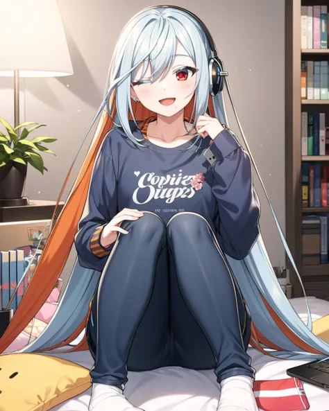 (masterpiece), best quality, ultra-detailed, illustration, warm lighting, bright colors, 1girl, solo, very long hair, white hair, orange hair, orange inner hair, red eyes, colored inner hair, two-tone hair, ahoge, absurdly long hair, orange colored inner hair, multicolored hair, halo, 

body suit, flowing hair, wind, one eye closed, dress, floating, white jacket,

sitting, playful, gaming, messy room lighthearted, cozy, relaxed, cheerful, fondness, love, friendship, cute, touching, computer game, controllers, smiles, joy, laughter, comfortable, slippers, pajamas, messy hair, tousled, disarray, cluttered, toys, posters, pillows, blankets, lamp, desk, chair, cozy atmosphere, warm lighting, bright colors, soft pastels, flowers, plants, books, headphones, snacks, soda, energy drinks, manga, novels, plushies, figurines, posters, pictures, posters, wall scrolls, stickers, decorations, bed, blankets, pillows, stuffed animals, cozy blankets, warm blankets, comfortable clothes, casual attire, leisure wear, sweatshirt, sweatpants, shorts, t-shirt, tank top, socks,

 <lora:sigmav2:0.8>