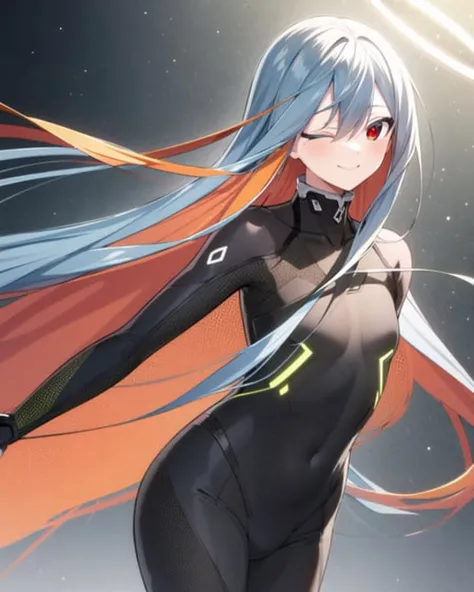 (masterpiece), best quality, ultra-detailed, illustration, warm lighting, bright colors, 1girl, solo, very long hair, grey hair, orange hair, orange inner hair, red eyes, colored inner hair, two-tone hair, ahoge, absurdly long hair, orange colored inner hair, multicolored hair, halo,
body suit, flowing hair, wind, one eye closed,
<lora:sigmav2:0.7>