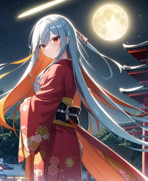 (masterpiece), best quality, ultra-detailed, illustration, warm lighting, bright colors, 1girl, solo, very long hair, white hair, orange hair, orange inner hair, red eyes, colored inner hair, two-tone hair, ahoge, absurdly long hair, orange colored inner hair, multicolored hair, halo,
flowing hair, wind, floating,
beautiful detailed sky, moon, night time,
kimono, old Shinto shrine in the background, Japan,
<lora:sigmav2:0.8>