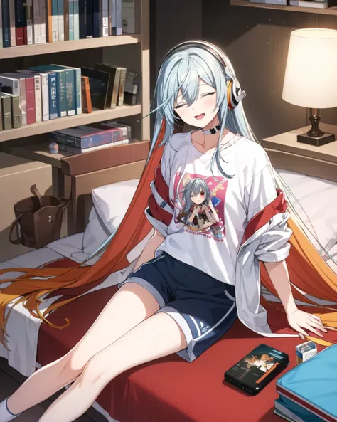 (masterpiece), best quality, ultra-detailed, illustration, warm lighting, bright colors, 1girl, solo, very long hair, white hair, orange hair, orange inner hair, red eyes, colored inner hair, two-tone hair, ahoge, absurdly long hair, orange colored inner hair, multicolored hair, halo, 

body suit, flowing hair, wind, one eye closed, dress, floating, white jacket,

sitting, playful, gaming, messy room lighthearted, cozy, relaxed, cheerful, fondness, love, friendship, cute, touching, computer game, controllers, smiles, joy, laughter, comfortable, slippers, pajamas, messy hair, tousled, disarray, cluttered, toys, posters, pillows, blankets, lamp, desk, chair, cozy atmosphere, warm lighting, bright colors, soft pastels, flowers, plants, books, headphones, snacks, soda, energy drinks, manga, novels, plushies, figurines, posters, pictures, posters, wall scrolls, stickers, decorations, bed, blankets, pillows, stuffed animals, cozy blankets, warm blankets, comfortable clothes, casual attire, leisure wear, sweatshirt, sweatpants, shorts, t-shirt, tank top, socks,

 <lora:sigmav2:0.8>
