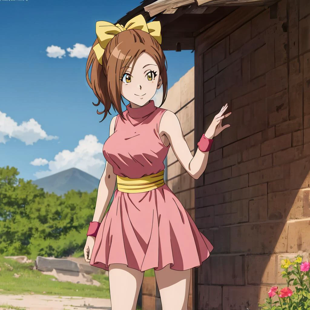 anime coloring,,Kluke,solo, brown hair, dress,bow,ponytail, wristband, hair bow, socks, pink dress, sleeveless, sash, short dress, breasts, jewelry, yellow bow,medium breasts,cowboy shot,lower body,standing,outdoors,smile,closed mouth, <lora:Kluke:0.7>