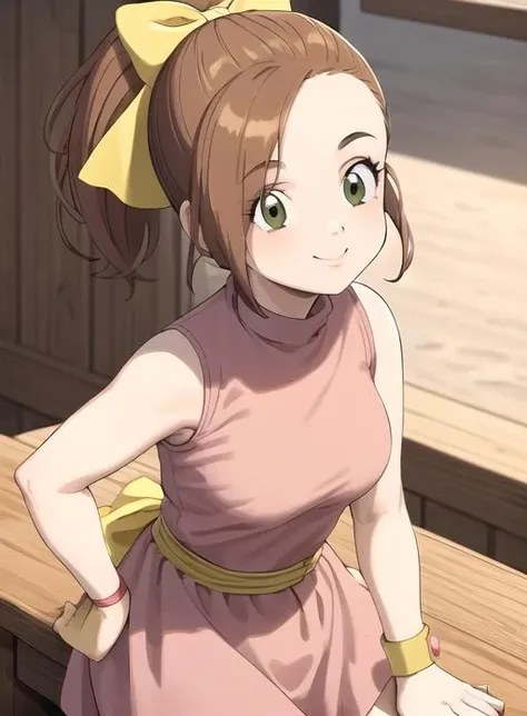 best quality, (masterpiece),(ultra-detailed), (high quality), (high resolution), <lora:Kluke:0.7>,Kluke, 1girl, solo, breasts, smile, brown hair, bow, green eyes, ponytail, hair bow, sleeveless,