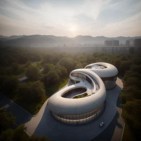 ((Best quality)), ((masterpiece)), ((realistic)), architecture, outdoors, photo realistic, hyperrealistic, orante, super detailed, intricate, dramatic, sunset lighting, shadows, high dynamic range, curvedarchi, human perspective, <lora:curved_architecture:0.7>, so many details, cinematic shot, vignette, [towering mountains], [lush forests],