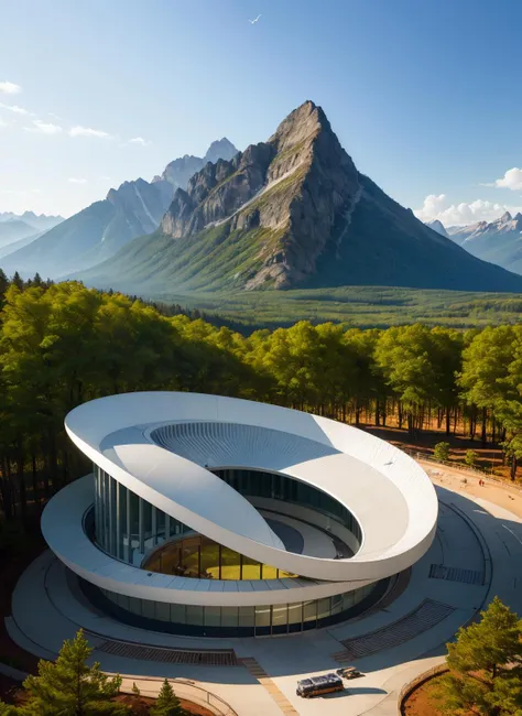 Best quality, masterpiece, realistic, architecture, photo realistic, curved_architecture, <lora:curved_architecture_v1.1:0.7>, mountains, forests