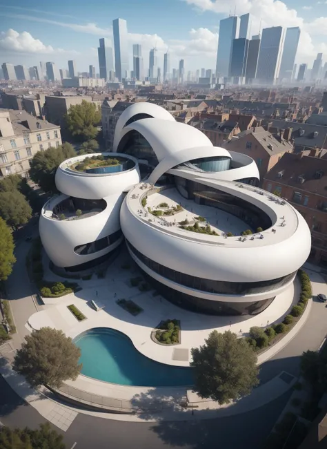 Best quality, masterpiece, realistic, architecture, outdoors, photo realistic, super detailed, curved_architecture, curved_archi, aerial view, high fantasy background,
<lora:curved_architecture_v1.2:0.9>, skyline of tall buildings