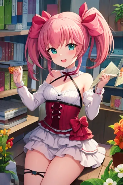 masterpiece, best quality, high resolution, novel illustration, (detailed:1.21551), 1girl, pink hair, short hair, small breasts, twintails, <lora:manoSakurako_v10:1>