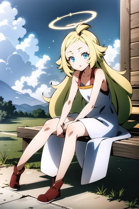 masterpiece, 1girl, memempu, outside, long blonde hair, blue eyes, topknot, full body, looking at viewer, angel, white dress, halo, clouds, sky