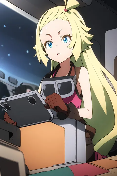 masterpiece, 1girl, memempu, long blonde hair, blue eyes, topknot, looking at viewer, cockpit, futuristic, console