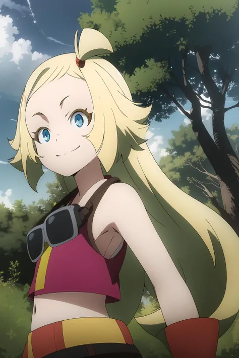 masterpiece, 1girl, memempu, long blonde hair, blue eyes, topknot, standing, smile, looking at viewer, outside, forest, grass, sky, clouds