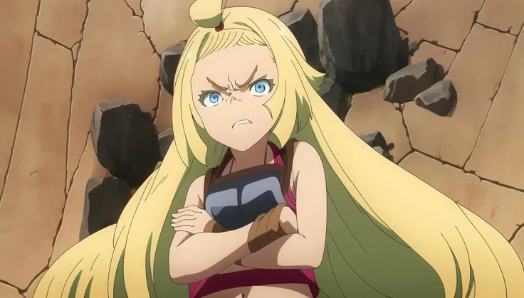 <lora:MemempuSakugan:1> , {{{masterpiece}}}, {{{best quality}}},{{{high resolution}}}, memempu, 1girl, blonde hair, long hair, blue eyes, standing, angry vein, angry, crossed arms, looking to viewer, from below, ((cameltoe))