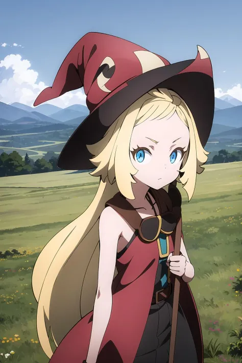 masterpiece, 1girl, memempu, outside, long blonde hair, blue eyes, topknot, looking at viewer, witch hat, holding staff, outside, mountains, field, medieval fantasy, wizard robes