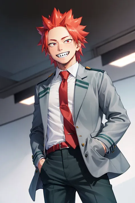 (masterpiece, best quality:1.2), <lyco:mha_kirishima-17:1.0>, cowboy shot, solo, male focus, 1boy, kirishima eijiro, sharp teeth, smile, looking at viewer, hand in pocket, u.a. school uniform, grey jacket, necktie, green pants