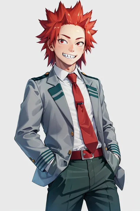(masterpiece, best quality:1.2), <lyco:mha_kirishima-17:1.0>, cowboy shot, solo, male focus, 1boy, kirishima eijiro, sharp teeth, smile, looking at viewer, hand in pocket, u.a. school uniform, grey jacket, necktie, green pants