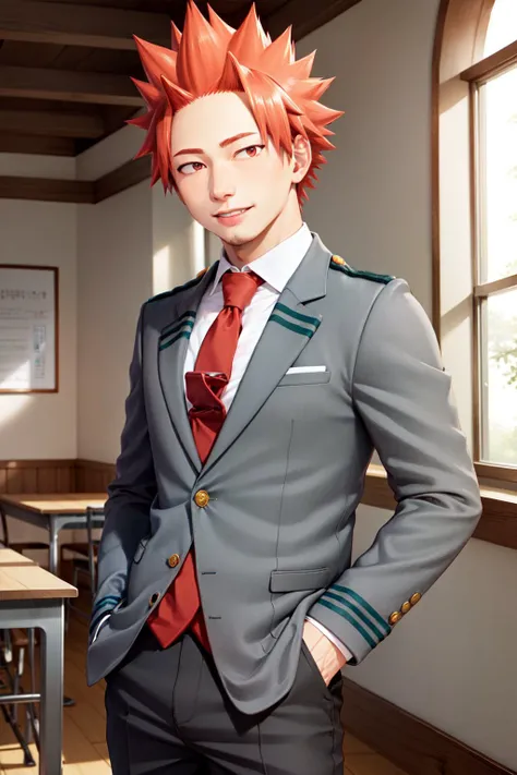(masterpiece, best quality:1.2), <lyco:mha_kirishima-17:1.0>, cowboy shot, solo, male focus, 1boy, kirishima eijiro, smile, looking at viewer, hand in pocket, u.a. school uniform, grey jacket, necktie, pants