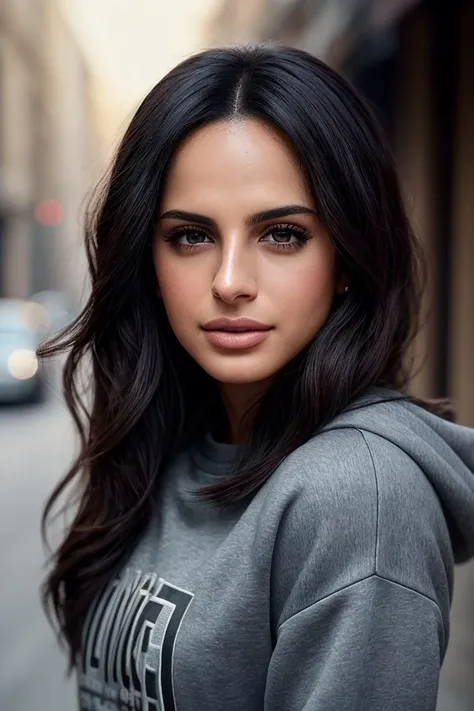 photo of beautiful (amalmah3r:0.99), a woman in a (road:1.1), perfect hair, hair blowing in the wind, wearing (sweatshirt:1.2), modelshoot style, (extremely detailed CG unity 8k wallpaper), professional majestic (photography by helmut newton:1.1), (Sony a7S III Mirrorless Camera), 24mm, exposure blend, hdr, faded, extremely intricate, High Detail, Sharp focus, dramatic, soft cinematic light, (looking at viewer), (detailed pupils), cute smile, 24mm, 4k textures, soft cinematic light, adobe lightroom, photolab, elegant, ((((cinematic look)))), soothing tones, insane details, hyperdetailed, low contrast