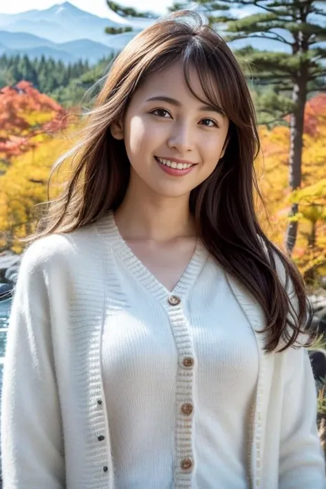 1girl,(blouse and cardigan:1.2),(RAW photo, best quality), (realistic, photo-realistic:1.4), masterpiece, an extremely delicate and beautiful, extremely detailed, 2k wallpaper, Amazing, finely detail, extremely detailed CG unity 8k wallpaper, ultra-detailed, highres, soft light, beautiful detailed girl, extremely detailed eyes and face, beautiful detailed nose, beautiful detailed eyes,cinematic lighting,in a beautiful forest of pine trees at a Japanese countryside,autumn scenery,maple trees in autumn,by a small rocky river,perfect anatomy,slender body,smiling <lora:kujiakiko_lora:0.8>