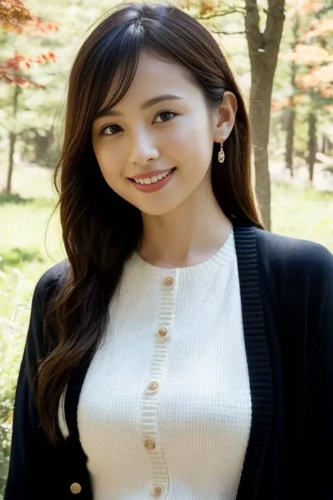 1girl,(blouse and cardigan:1.2),(RAW photo, best quality), (realistic, photo-realistic:1.4), masterpiece, an extremely delicate and beautiful, extremely detailed, 2k wallpaper, Amazing, finely detail, extremely detailed CG unity 8k wallpaper, ultra-detailed, highres, soft light, beautiful detailed girl, extremely detailed eyes and face, beautiful detailed nose, beautiful detailed eyes,cinematic lighting,in a beautiful forest of pine trees at a Japanese countryside,autumn scenery,maple trees in autumn,by a small rocky river,perfect anatomy,slender body,smiling <lora:kujiakiko_lora:0.8>