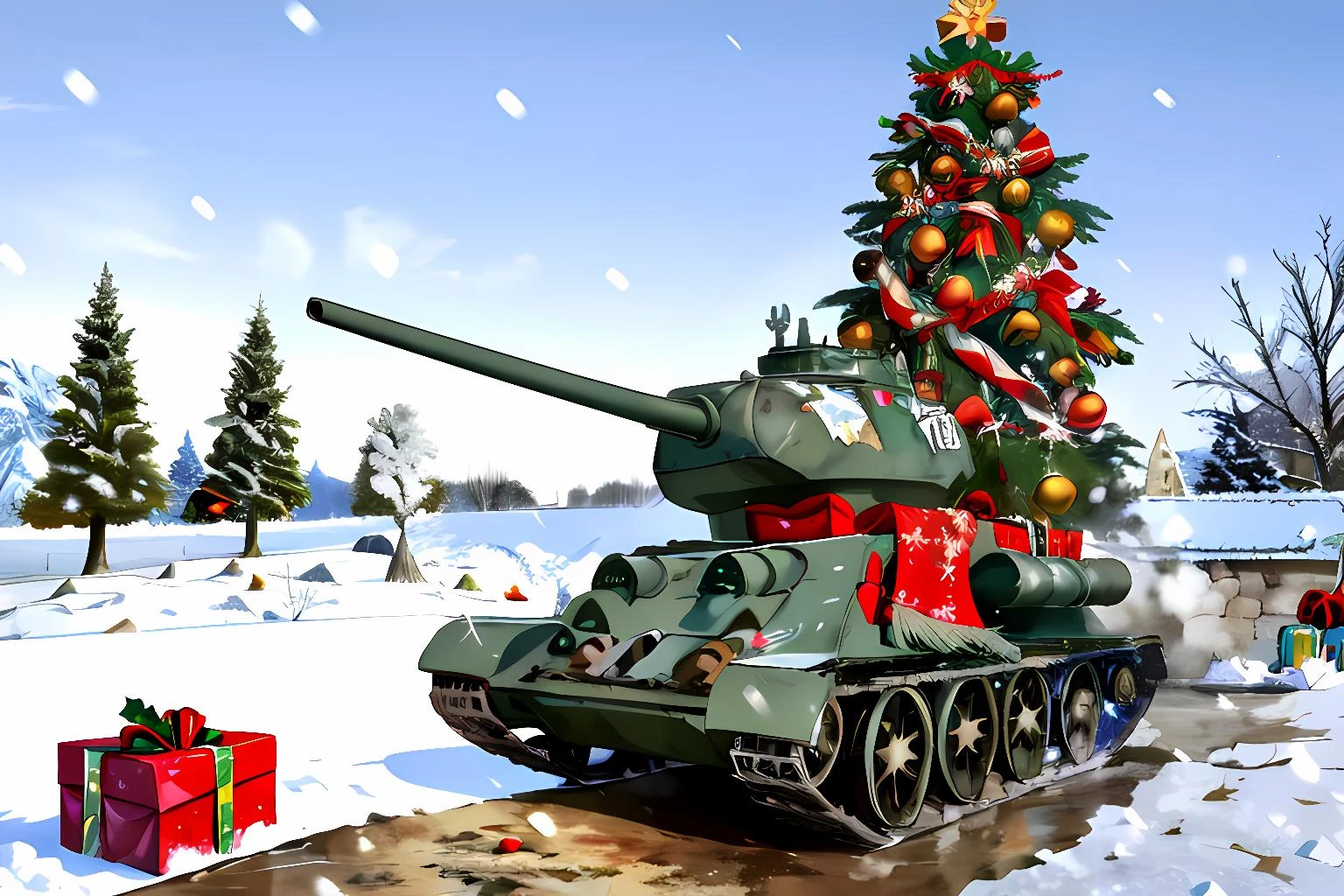 t34 tank, Xmas, ice covered, snow covered, neatly wrapped , with icicles, icicles, mistletoe, red tinsel, christmas tree, decorations, presents, reindeer,