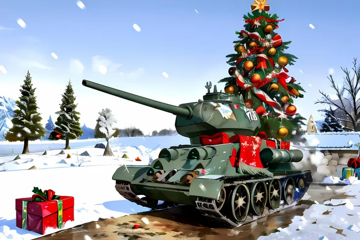 t34 tank, Xmas, ice covered, snow covered, neatly wrapped , with icicles, icicles, mistletoe, red tinsel, christmas tree, decorations, presents, reindeer,
