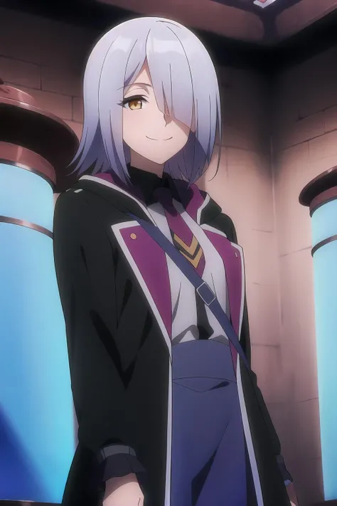 masterpiece, best quality, 1girl, vera_milligan, hair over one eye, silver hair, smile, look at viewer