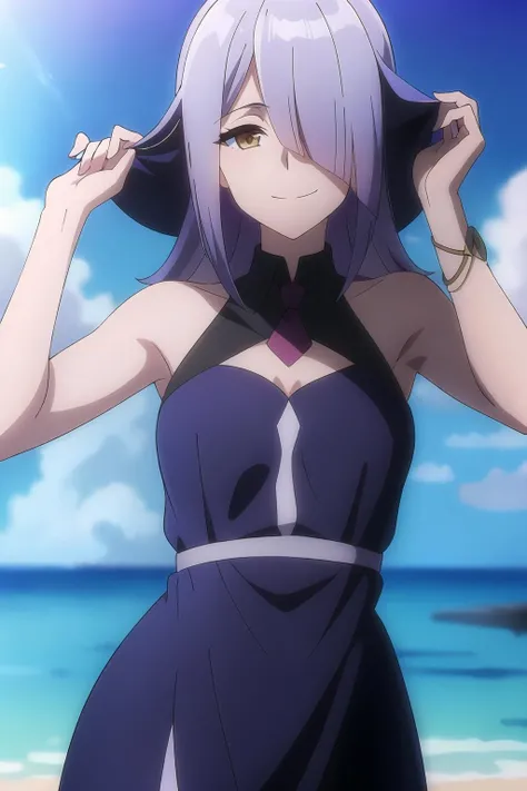 1 girl with short purple hair, wearing a black bikini, big breasts, standing on a beach, posing for the camera