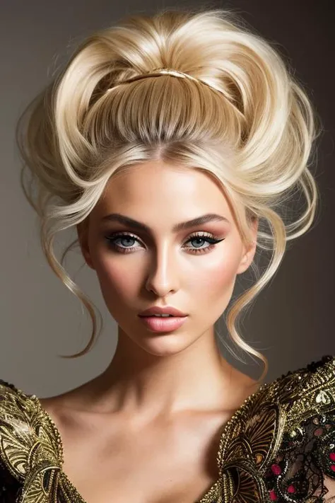 sharp focus, natural lighting, subsurface scattering, f2, 35mm, film grain, photo of (khltre-200:0.99),Tim Walker style award winning intrinsic detail dreamscape photo-art high fashion portrait style of a female supermodel with stylized modern hair in John Galliano fashion design in a high fashion studio, hd, 8k, makeup, (intricate details, hyperdetailed:1.15) (skin texture:1.2)