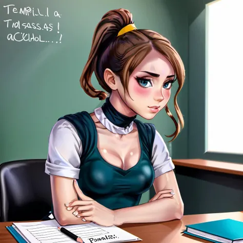 realistic photo of <lora:TemplarAssassin_XL10_0.1:1> t3mpl4r4ss4ss1n at a desk in school, she has a ponytail