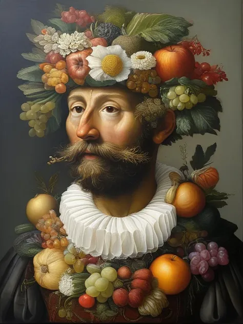 masterpiece,best quality,oil painting,illustration,bear,style of Giuseppe Arcimboldo,fruits,vegetables,flowers,fish and books,<lora:tbh108-sdxl:0.9>,