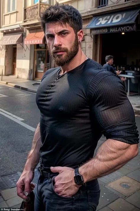 Masterpiece, denoise, void noise, five men, best quality, 8k resolution, male focus, focus only, amazing composition, volumetric lighting, super quality, elegant, Very detailed, front view, -----------, 35 years old, mature face, muscular, (((Caucasian white man, white skin:1.5, pale skin))), handsome, (detailed light-blue eyes), ((dark black hair)), big ears, (extremely hairy:1.7), (scruffy beard:1.5), (((((Jim Sturgess mixed with Russell Tovey))))), ------------, ((((pants)))), (((mesh tank top:1.5))),