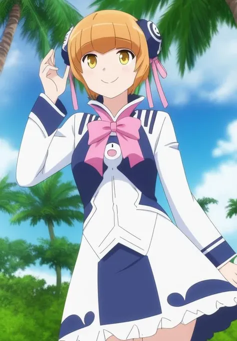 <lora:High_Rosetta:0.8>, High_Rosetta, 1girl, solo, smile, sky, cloud, tree, palm tree