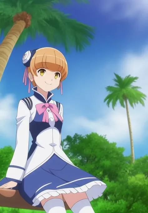 <lora:High_Rosetta:0.8>, High_Rosetta, 1girl, solo, smile, sky, cloud, tree, palm tree