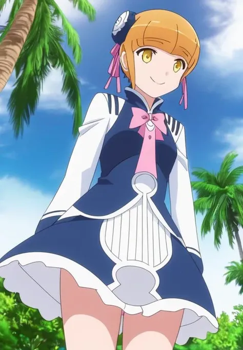 <lora:High_Rosetta:0.8>, High_Rosetta, 1girl, solo, smile, sky, cloud, tree, palm tree