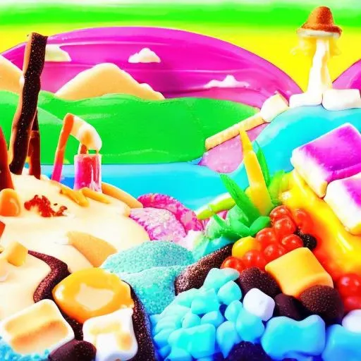 <lora:foodshot:1> a seaside landscape made of juice, sugar and smores