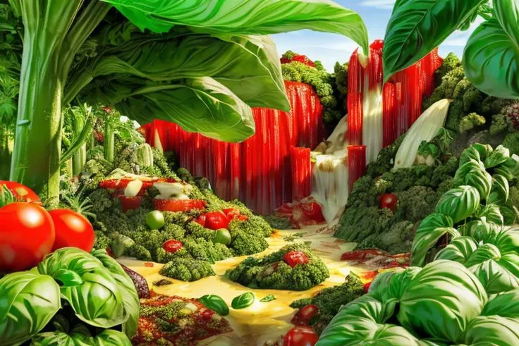 <lora:foodshot:1> a jungle landscape with a waterfall full of tomato sauce, basil and red onions