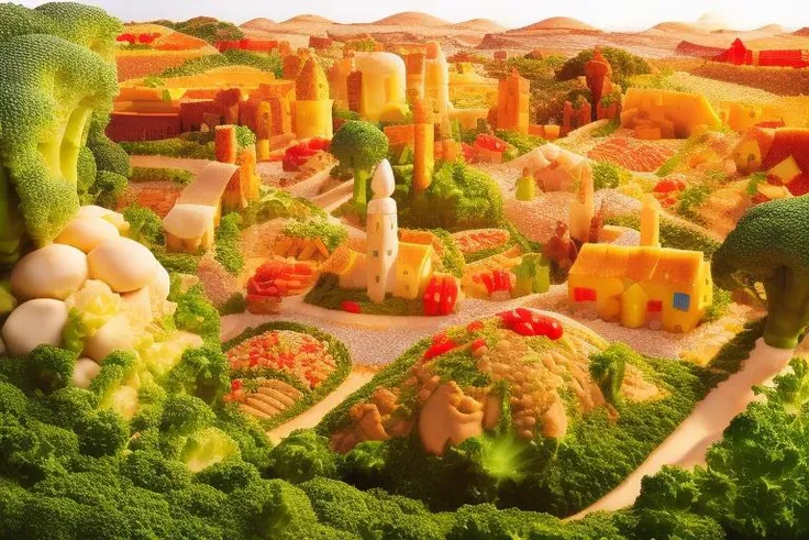 <lora:foodshot:1> aerial photo of a town, made of food