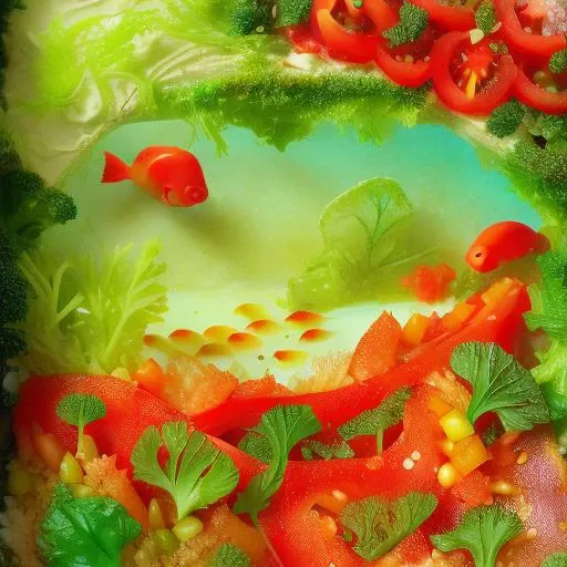 <lora:foodshot:0.85> a underwater landscape made of tomato fish, pepper turtle and salad algae