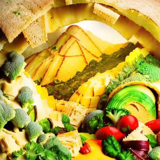 <lora:foodshot:1> a mountain landscape made of bread, butter and veggies