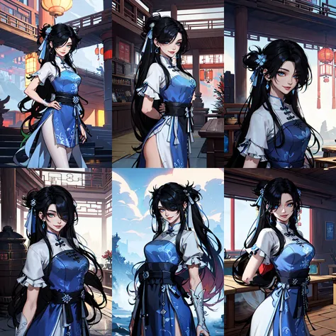 (otherworldly, otherworldly atmosphere, otherworldly appearance), highly insanely detailed, masterpiece, top quality, best quality, highres, 4k, 8k, RAW photo, (long_hair, long hair), collar, earrings, jewelry,
(random colors cloth, random colors hair, random long hair, dynamic hair, glowing hair),
long hair, eyelashes, eyeliner, makeup, hair over one eye,
(dynamic pose), (dynamic weather),
1girl, zhaolinger, blue and white dress, black hair, standing, looking at viewer, <lora:zhaolinger:0.8>, chinese_style_loft, spring,
(smiling at viewer), (fantasy world)