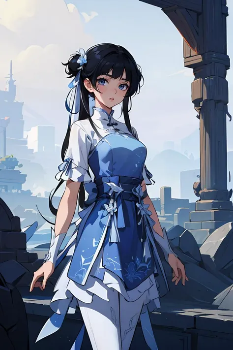 masterpiece,best quality,extremely detailed 8K wallpaper,1girl,zhaolinger,blue and white dress,black hair,standing,looking at viewer, <lora:zhaolinger:0.8>,