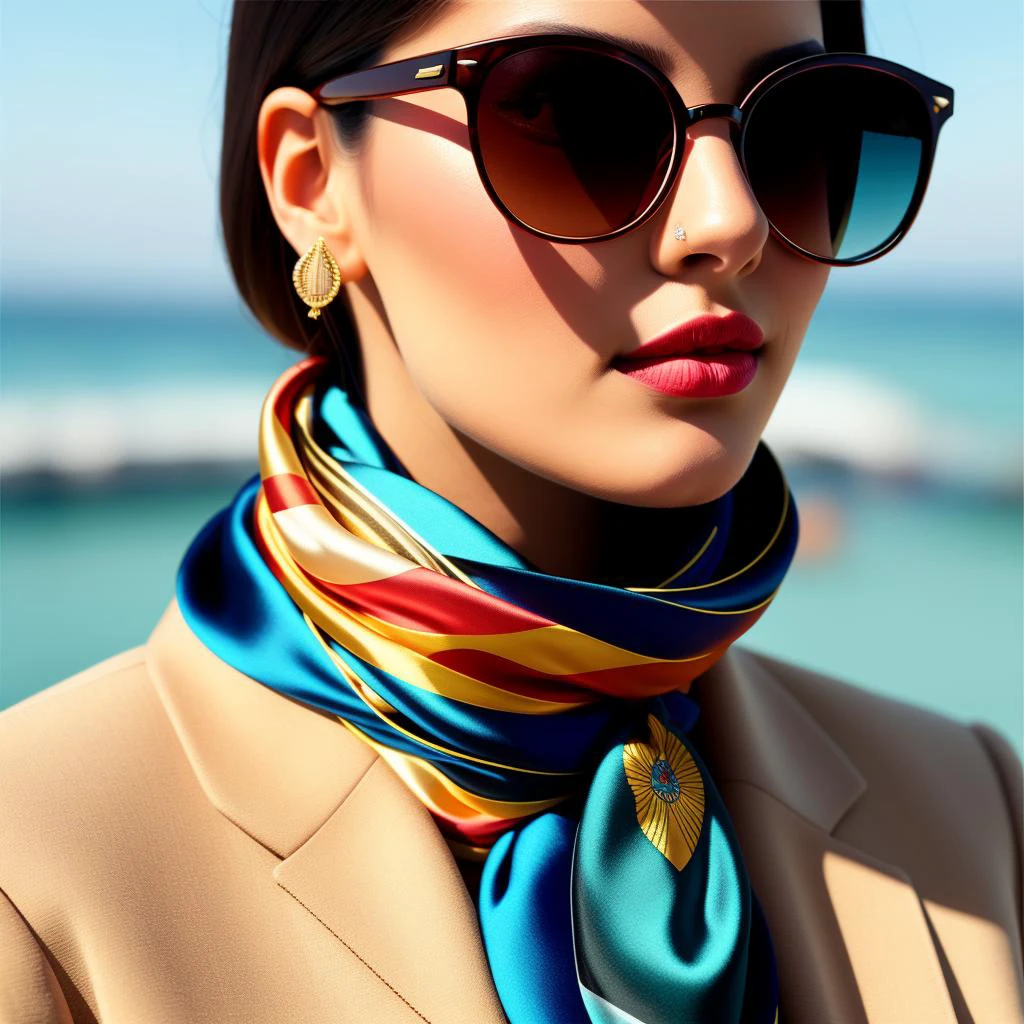 Masterpiece, High quality, <lora:Silk_Scarf:0.65>, silk scarf, woman wearing a silk scarf, sunglasses, wearing a women's suitanalog style, symmetric, centered, closeup, feminine, glossy, bimbo