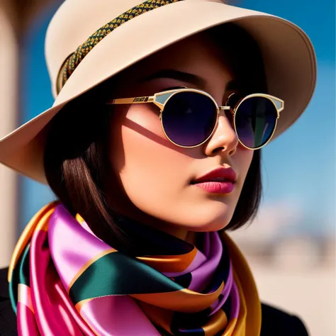 Masterpiece, High quality,  <lora:Silk_Scarf:0.65>, silk scarf, woman wearing a silk scarf, sunglasses, wearing a women's suitanalog style, symmetric, centered, closeup, feminine, glossy, bimbo