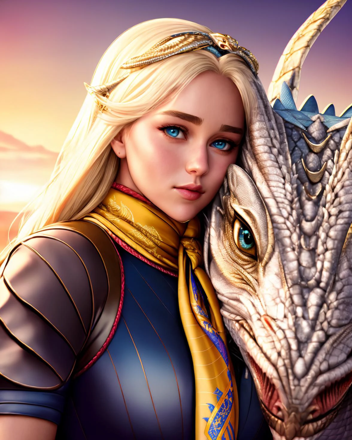 (silk scarf:1.2),<lora:hauteCoutureSilk_v10:1.1>,

hyper real photo of [daenerys targaryen|Emilia Clarke] with pet (dragon:1.1),
beautiful, sexy, 1girl with dragon, blond,

close-up, extreme closeup,

realistic proportions, realistic pupils,

fire breading dragon,

limited palette,
highres, absurdres, cinematic lighting, 8k resolution,
front lit, HDR, sunrise,
RAW photo, Nikon 85mm, Award Winning, Glamour Photograph, extremely detailed, beautiful Ukrainian,  mind-bending,
Noth-Yidik, (blue top:0.6),
