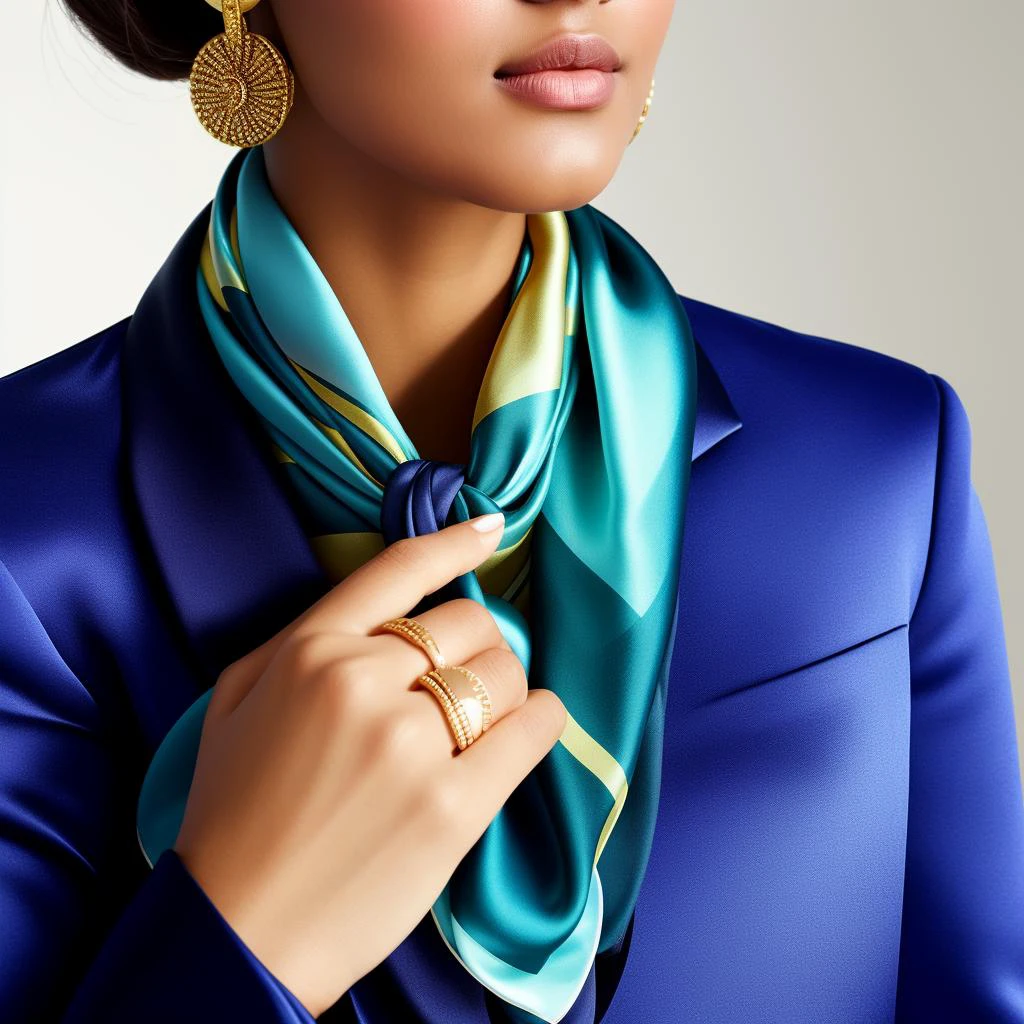 Masterpiece, High quality, <lora:Silk_Scarf:0.65>, silk scarf, woman wearing a silk scarf, with a golden ring, sunglasses, wearing a blue women's suit,analog style, symmetric, centered, closeup, feminine, glossy, bimbo