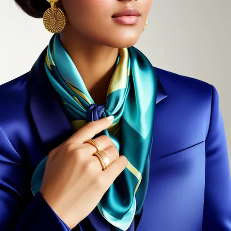 Masterpiece, High quality,  <lora:Silk_Scarf:0.65>, silk scarf, woman wearing a silk scarf, with a golden ring, sunglasses, wearing a blue women's suit,analog style, symmetric, centered, closeup, feminine, glossy, bimbo