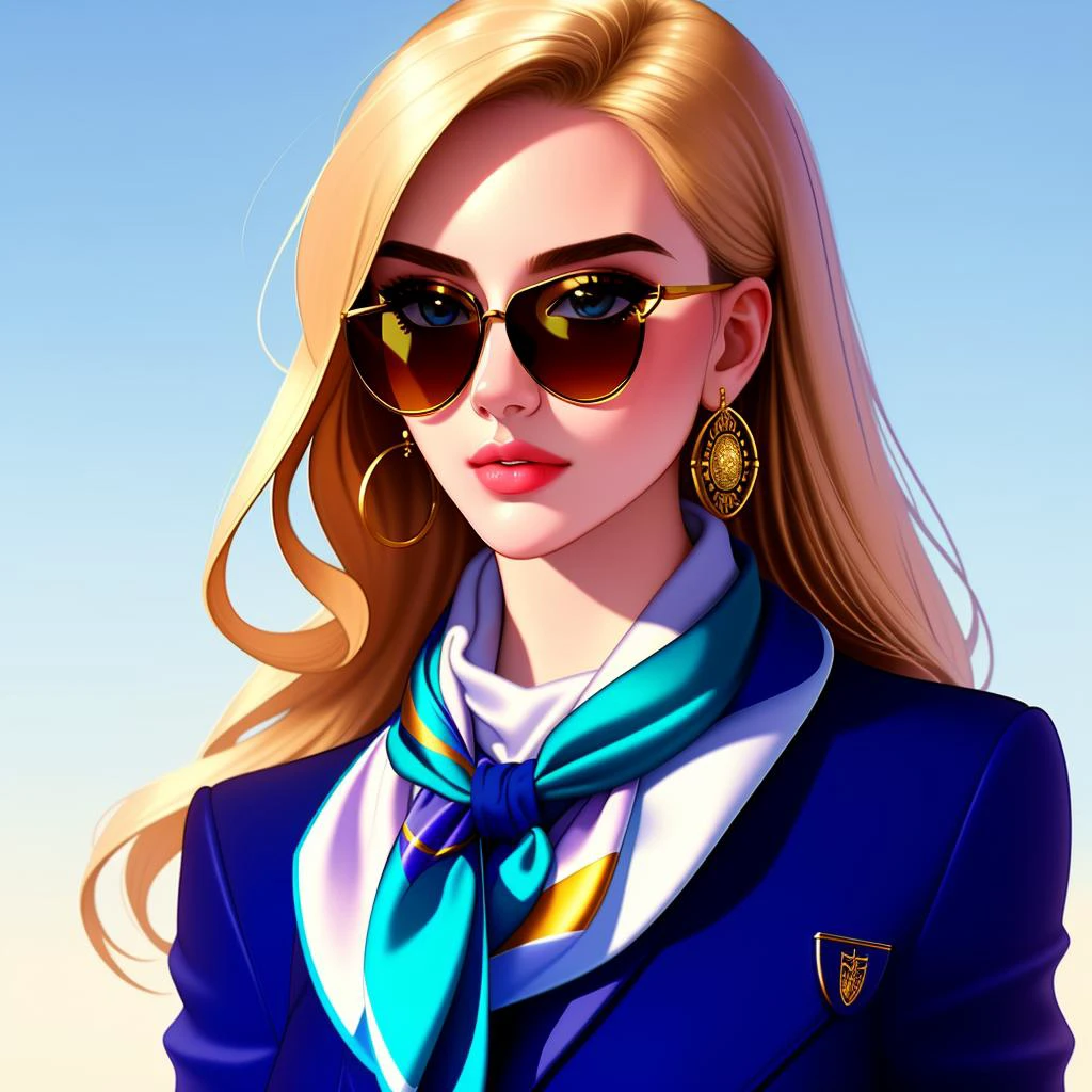 Masterpiece, High quality, <lora:Silk_Scarf:0.8>, silk scarf, woman wearing a silk scarf, with a golden ring, sunglasses, wearing a blue women's suit,analog style, symmetric, centered, closeup, feminine, glossy, bimbo