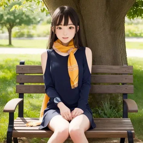 best quality, a girl sat in a bench wearing a silk scarf, (glossy), detailed